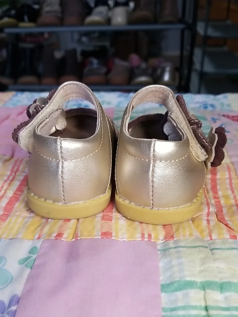 Livie & Luca Metallic Gold Mary Janes with Brown Flower Accents Size 4 Merry Bel
